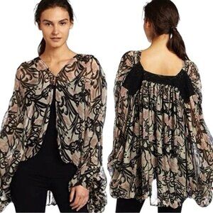 Winter Kate Floral Kimono Cardigan Black Pink Sz Medium Chiffon Sheer Lace Boho